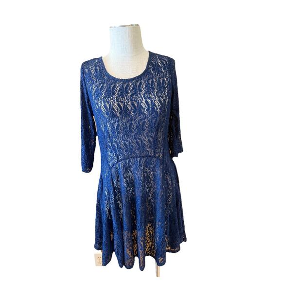 Fishbowl Fit & Flare Dress Women Large Navy Blue Lace Floral Round Neck Back Zip - Picture 1 of 9